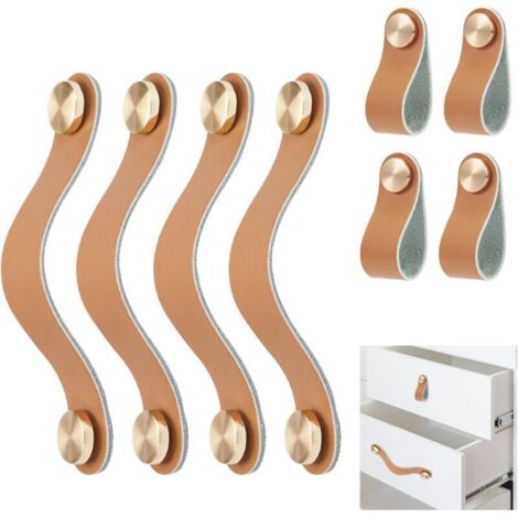 Tiradores de cuero vintage para muebles con argollas de latón – Juego de 4 para armarios y gabinetes de cocina