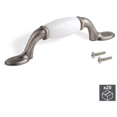 Tiradores para mueble, intereje 76 mm, Zamak y cerámica, Plata vieja, 20 ud.
