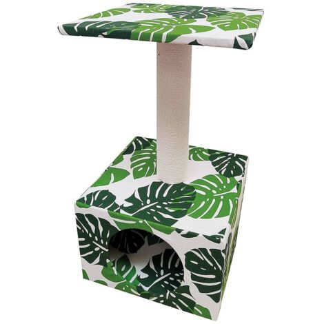 Tiragraffi a colonna con base cubica Green Leaves Cave per gatti