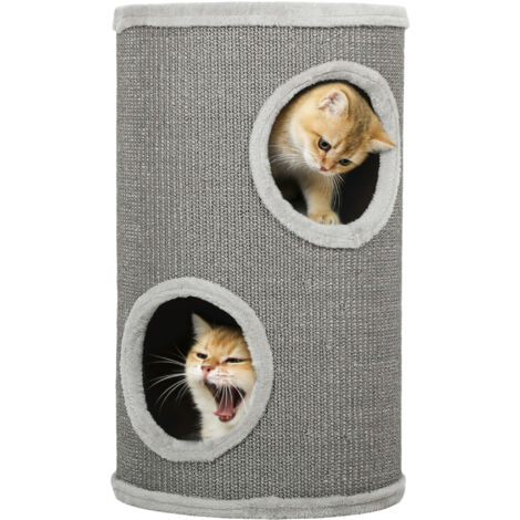 Tiragraffi a due livelli, altezza 60 cm, diametro 35 cm, con 2 cavità, bordo imbottito, per 1-2 gatti fino a 5 kg, grigio chiaro.