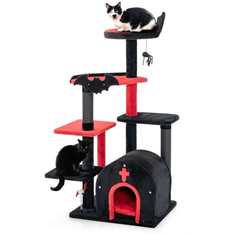 Tiragraffi con letto per gatti condominio ad arco di attività per gatti a 6 livelli, Albero per gatti gotico per gatti di halloween Nero e rosso