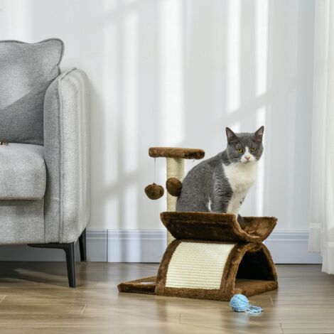 Tiragraffi Gatto Albero Tira Graffi Gioco Giocattolo per Gatti con Cuccia 2 Palline Appese in Sisal Naturale Altezza 43cm