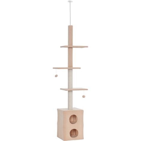 Tiragraffi multilivello da soffitto per gatti, 220-245 cm, con casette, piattaforme e corde di iuta, giallo.