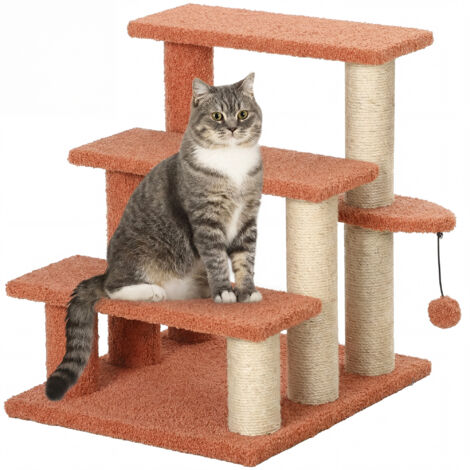 Tiragraffi per animali domestici, scaletta a 3 gradini, con pallina, portata massima 5 kg, dimensioni 45x40x48 cm, colore marrone.