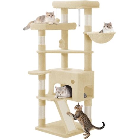 Tiragraffi per Gatti, 153 cm con 6 Pali Graffiatoi, 1 Ampia Grotte, 3 Grandi Piattaforme, Cestino, Palline di Peluche, Graffiatoio, Beige