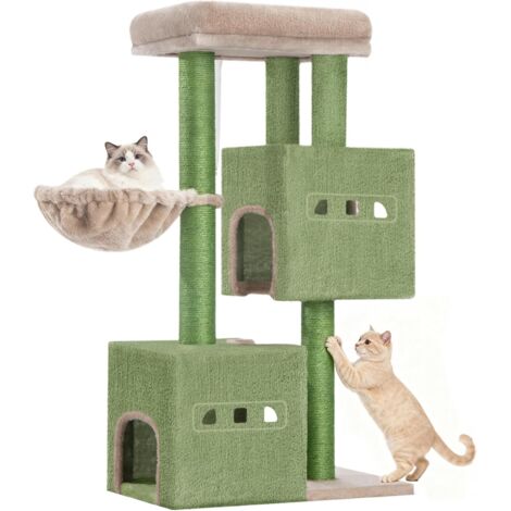 Tiragraffi per Gatti, 98 cm Albero Tiragraffi per Gatti con 2 Grotte per Gatto, 3 pali in sisal, Trespolo di Peluche, Cestino, Verde