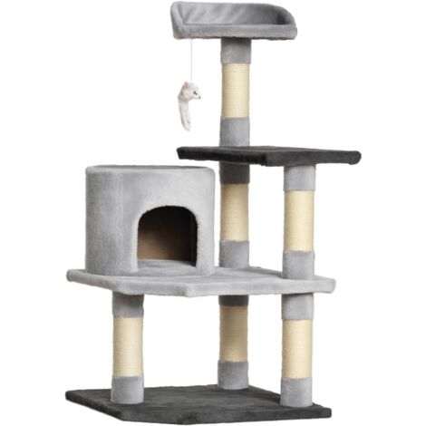 Tiragraffi per gatti con piattaforme, casette, topolino giocattolo, pali per tirare e rivestimento in pile, 48x48x100 cm, grigio.