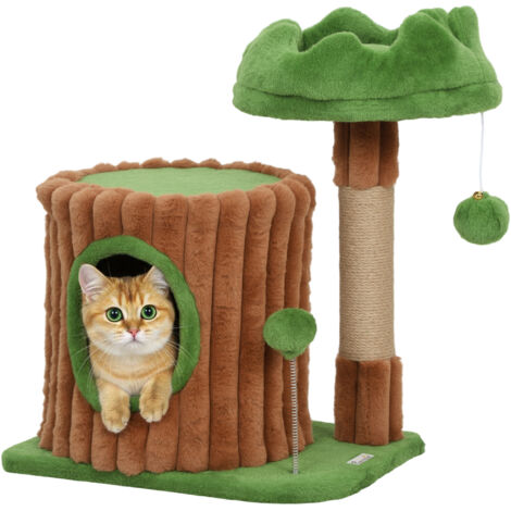 Tiragraffi per gatti da 53 cm, con design a tronco e casetta-letto, palo in juta, palline marroni e verdi.