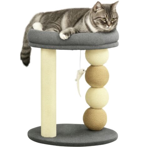 Tiragraffi per gatti di piccola taglia con nido, 4 palline e palo in sisal, portata massima 15 kg, Ø40x48 cm, grigio e beige.
