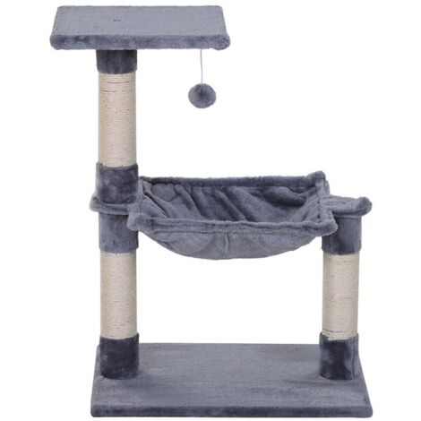 TIRAGRAFFI PER GATTI MULTILIVELLO CON AMACA E PALLINA. LEGNO E PELUCHE. 50X36X70CM. GRIGIO