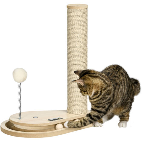 Tiragraffi per gattini con giocattolo, pista per palline, pallina a molla, 35 cm x 23 cm x 40 cm, naturale