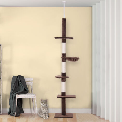 Tiragraffi per Gatto a Soffitto, Albero Tiragraffi per Gatti Multilivello in Peluche con Amaca e Altezza Regolabile, 40x34x230-260cm, Marrone