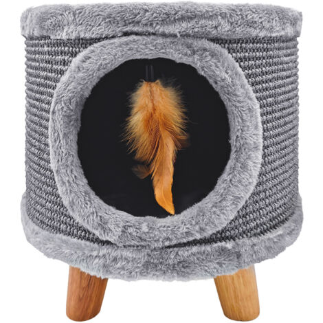 Tiragraffi solido per gatti, cuccia, casetta con piuma e lettino 38 cm