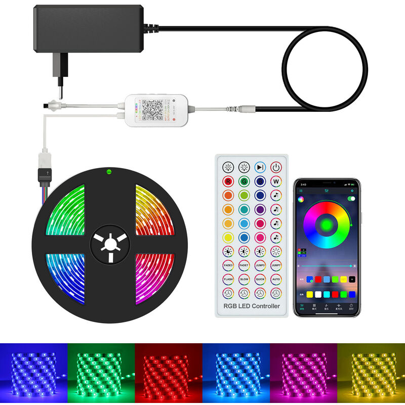 

Happyshopping - Tiras de luces LED inteligentes, 5050 luces que cambian de color, conexion BT,Negro, enchufe de la UE y 5 M