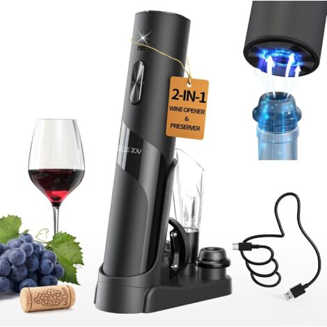 ANDYOU Tire bouchon électrique rechargeable 7-en-1 Coffret Cadeau avec station de charge, Coupe-capsule, Aérateur de Vin et 2 Bouchons à Vin, Câble USB