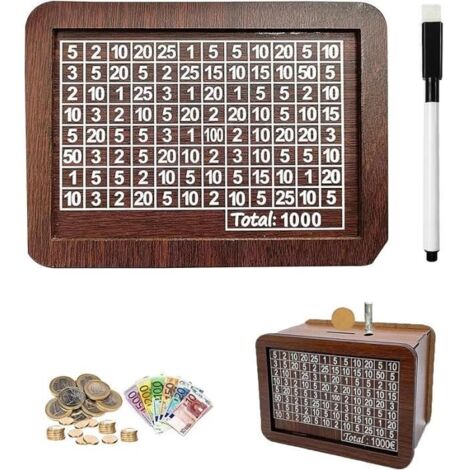 Tirelire avec Compteur pour 1000 Euros, marquage Amovible en Bois – Caisse à Monnaie réutilisable avec Cible à Cocher