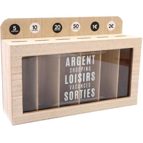 Tirelire compartimentée en MDF 30x20 cm – 6 compartiments pour pièces – Protection en verre pour visibilité – Ouvertures en caoutchouc – SIL