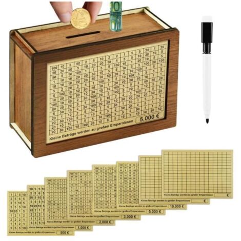 Tirelire en bois avec compteur, 8 autocollants d'objectifs et 1 marqueur, boîte d'épargne avec numéros pour différents objectifs
