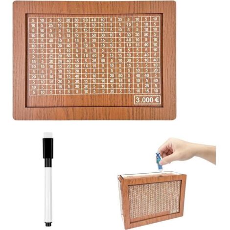 Tirelire en Bois avec Compteur, Tirelires 3000€ Objectifs et Chiffres d'épargne, Boîte à économie avec Stylo Effaçable Réutilisable