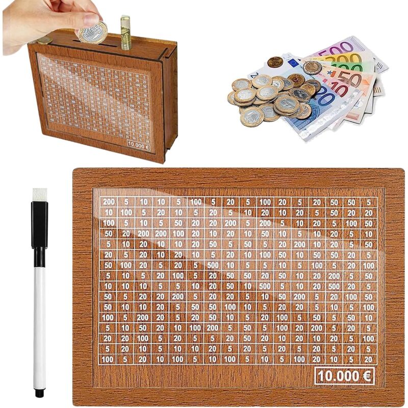 Tirelire en Bois, Tirelire avec Compteur, Tirelire Réutilisable avec Stylo Effaçable, Tirelire pour Objectif D'économie, Aide à l'habitude d'épargner