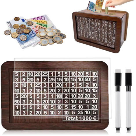Tirelire en Bois, Tirelire avec Objectif d'épargne, Tirelire Rétro, Boîte de Rangement, Aide Les Enfants à Développer l'habitude d'épargner, Chiffres à Vérifier pour Adultes et Enfants (1000€)