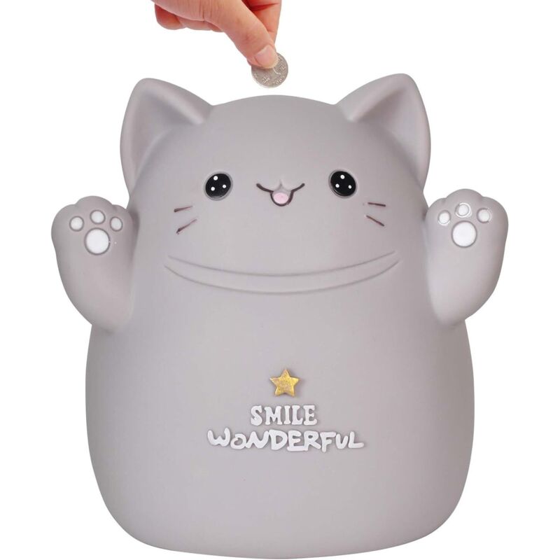 Tirelire kawaii en résine gris 15x13x11 cm, grande capacité, bouchon bas rotatif, déco enfant
