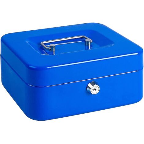 Tirelire métallique avec plateau à monnaie et serrure à clé pour plus de sécurité, 20 x 16 x 9 cm, bleu.