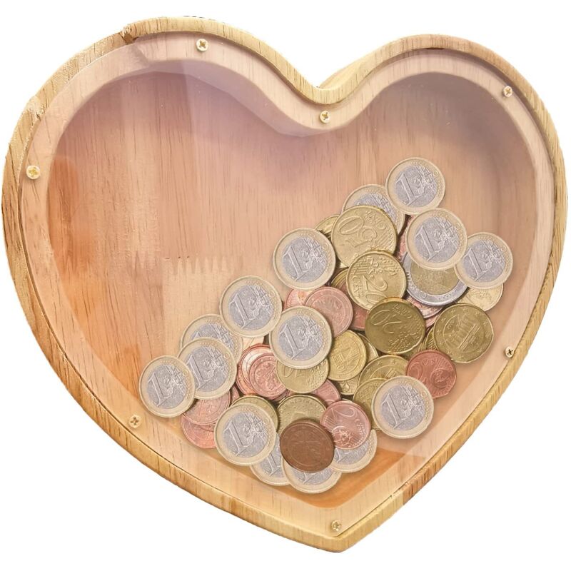 Tirelires Bois, Personnalisé Tirelires, Enfants, pour Chambre, Salon, Décoration Table ou Rangement (Forme de Coeur)