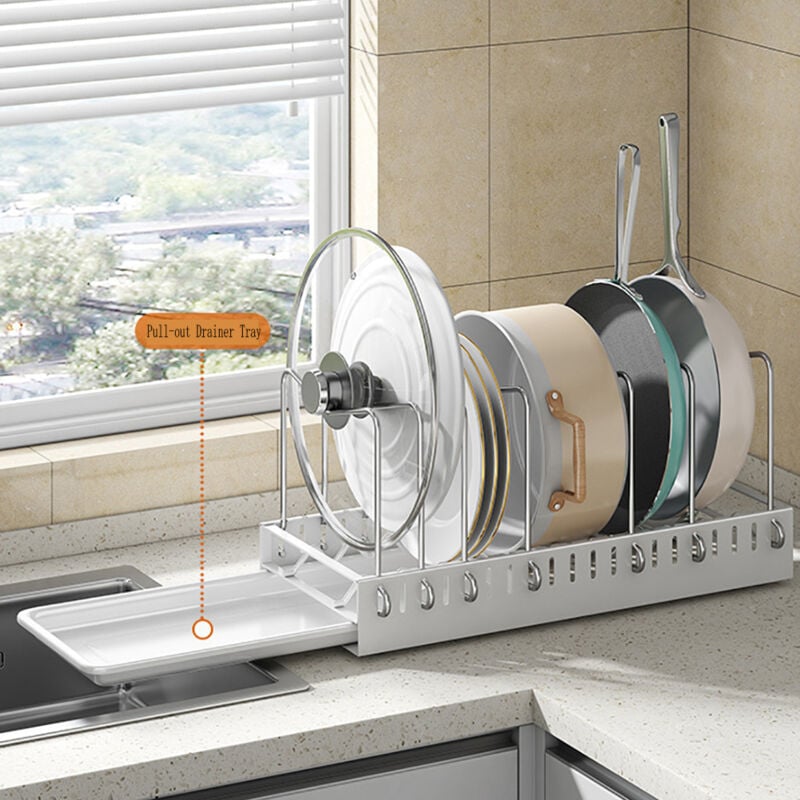 Tirez le support de stockage de Pan avec 7 diviseurs réglables, coulissant le support de couvercle de Pot pour l'organisation de garde-manger