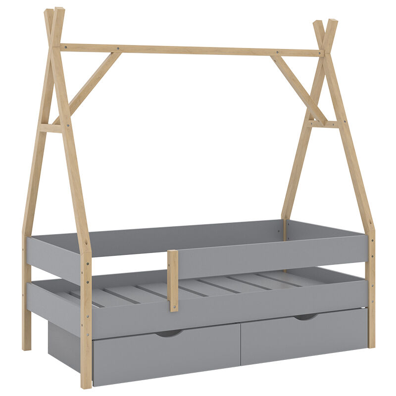 Lit Tipi Bali, Gris, 80x160 cm avec 2 tiroirs Vitalispa