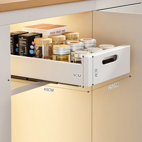 LUNSY Tiroir Coulissant Cuisine Telescopique Pour Placard de Cuisine, Adhesif Rangement Coulissant Placard Cuisine pas Besoin de Percer ni de Clouer, Blanc, 25 cm l x 43 cm p x 9 cm h