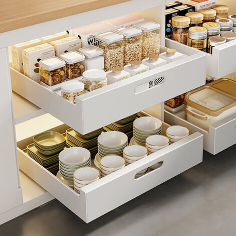 LUNSY Tiroir Coulissant Cuisine Telescopique Pour Placard de Cuisine, Adhesif Rangement Coulissant Placard Cuisine pas Besoin de Percer ni de Clouer, Blanc, 40 cm l x 43 cm p x 9 cm h