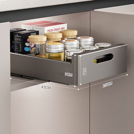 LUNSY Tiroir Coulissant Cuisine Telescopique Pour Placard de Cuisine, Adhesif Rangement Coulissant Placard Cuisine pas Besoin de Percer ni de Clouer, Gris , 25 cm l x 43 cm p x 9 cm h