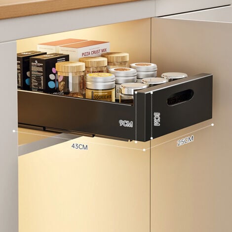 LUNSY Tiroir Coulissant Cuisine Telescopique Pour Placard de Cuisine, Adhesif Rangement Coulissant Placard Cuisine pas Besoin de Percer ni de Clouer, Noir , 25 cm l x 43 cm p x 9 cm h