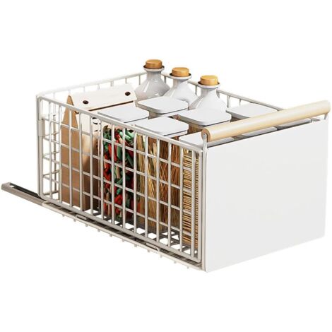 Tiroir Coulissant Pliable Sans Perçage ni Clouage, Panier coulissant pour Cuisine Placard, Coulisse Rangement et Organiseurs, Telescopique, Blanc Grande