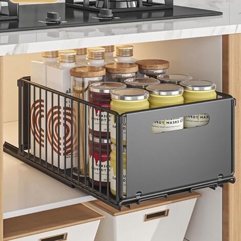 Tiroir Coulissant,Organiseurs de Placards,Rangement et Organisation Cuisine,pas Besoin Percer ni Clouer,37,5 x 24,5 19 cm,Paquet 1,Noir -