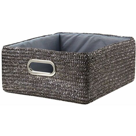 Tiroir en paille tressé gris métal – Dimensions 34 x 28 x 13 cm – Pour rangement objets divers – Modèle moyen taupe