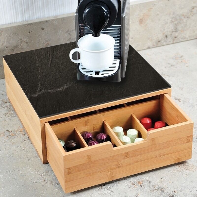 Tiroir universel capsules café et thé - Bois avec plateau cafetière effet marbre