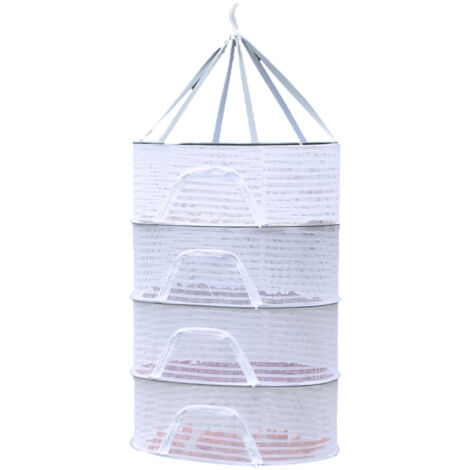 Tisanière de Séchage Mesh 4 Étages avec Sac - Panier Suspendu Dépliable et Zippé pour Fleurs, Fruits, Légumes et Poisson - Polyester Blanc (60x40x88cm)