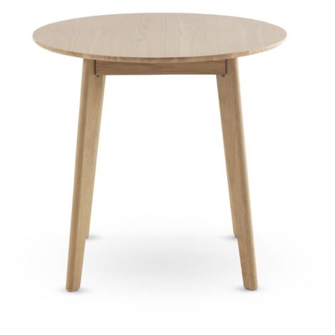 Tisch mit 80 cm Durchmesser, Beinen aus Hevea-Holz und eichenfurnierter Tischplatte