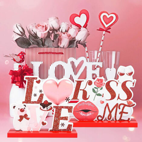 Tischdekoration zum Valentinstag – Glitzernde Holzornamente – 3er-Set mit den Motiven „LOVE“, „XOXO“ und „KISS ME“ – 18 cm – für Geburtstag, Hochzeit und romantische Partys