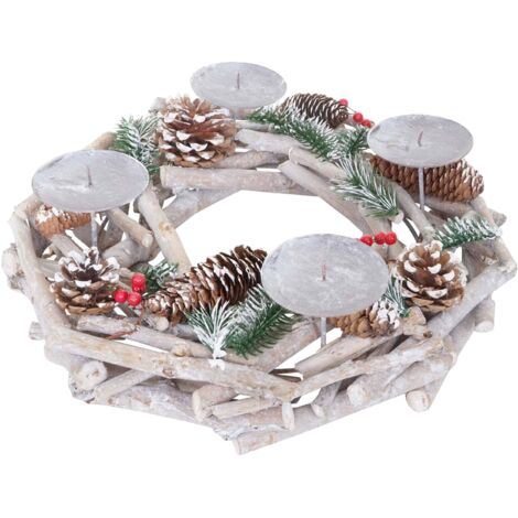 Tischkranz rund, Weihnachtsdeko Adventskranz, Holz Ø 35cm weiß-grau ohne Kerzen