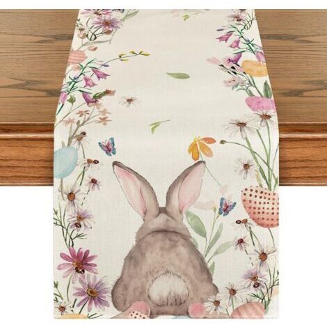 Tischläufer Ostern - Hasenblumenmuster - Waschbar - Modern - Frühling - Küche - Dekoration für Innen und Außen - 33x 183 cm