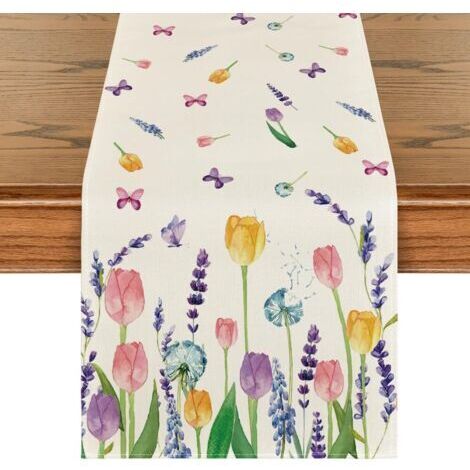 Tischläufer – Tulpenmotiv, Lavendel, Sommer – Saisonale Tischdekoration für Küche, Innenbereich, Feiertage, Party – 33 x 183 cm
