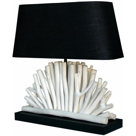 Tischlampe 40 cm E27 Treibholz Stoff Holz Modern