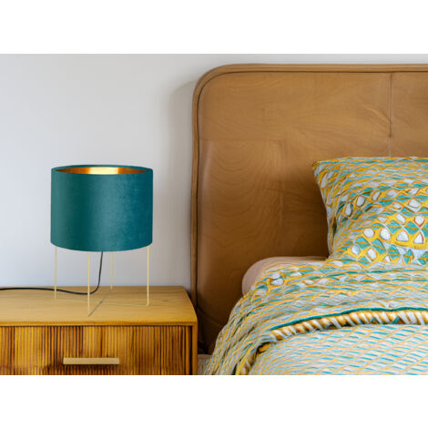 Tischlampe AURA mit Lampenschirm Samt Türkis - innen Gold, Höhe 32cm