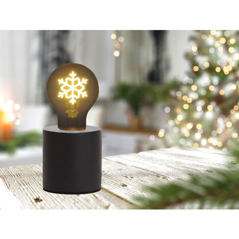 Tischlampe Beton Schwarz mit Deko LED Glühbirne Schneeflocke, Höhe 9cm