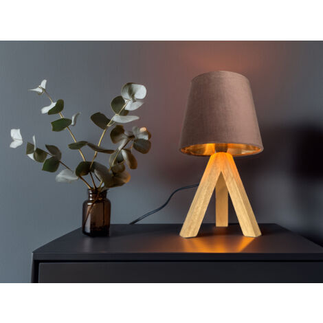 Tischlampe mit Dreibein aus Holz, Samtschirm Braun Gold, Höhe 27cm