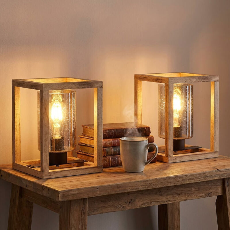 Tischlampe Rauchglas Tischleuchte schwarz Beistellleuchte Holz natur, Luftblasenoptik, E27 Fassung, LxBxH 17x17x22 cm, 2er Set