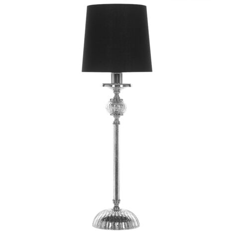 Tischlampe Silber Metall 56 cm Stoffschirm Schwarz Lampenfuß aus Glas langes Kabel mit Schalter Glamouröses Design